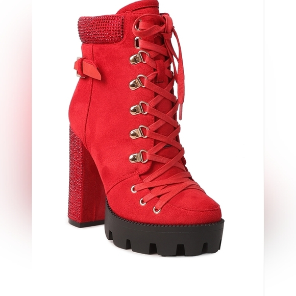 Red Lace-Up Platform Birch Diamante Block Heeled Ankle Boots Womens 8 - Picture 2 of 5